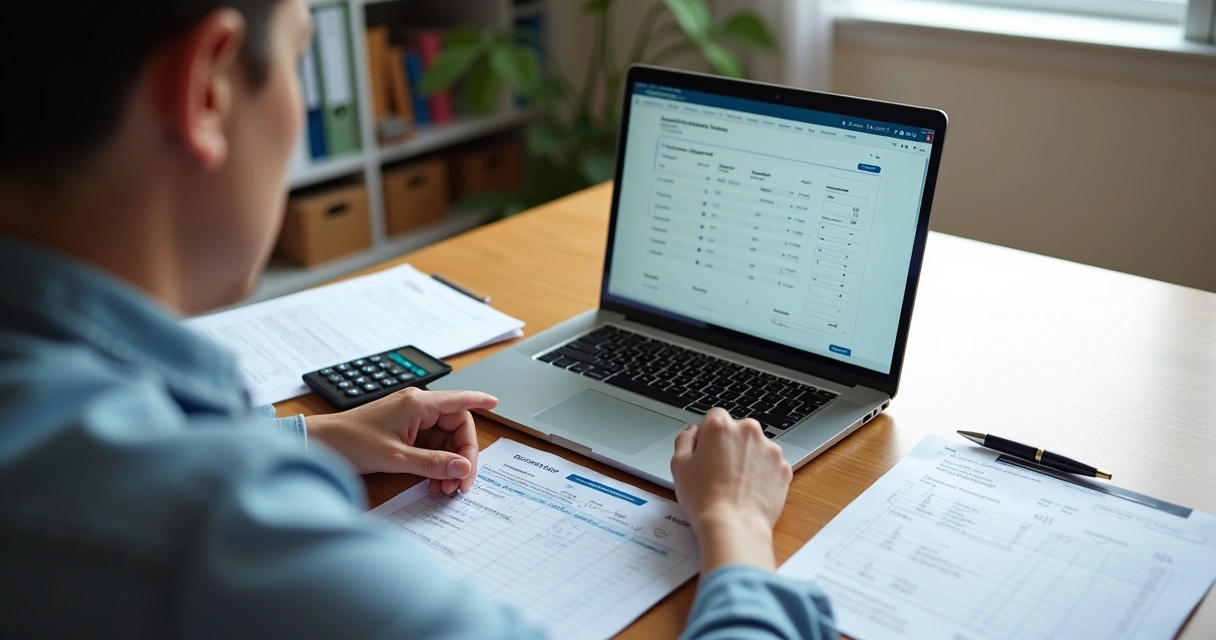 Contribuinte analisando documentos de processo trabalhista ao declarar imposto de renda no notebook