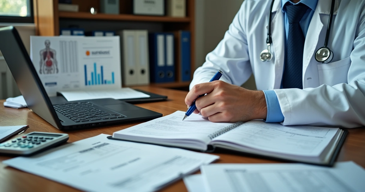 Médico analisando livro caixa com documentos fiscais e tela de computador com gráficos de impostos