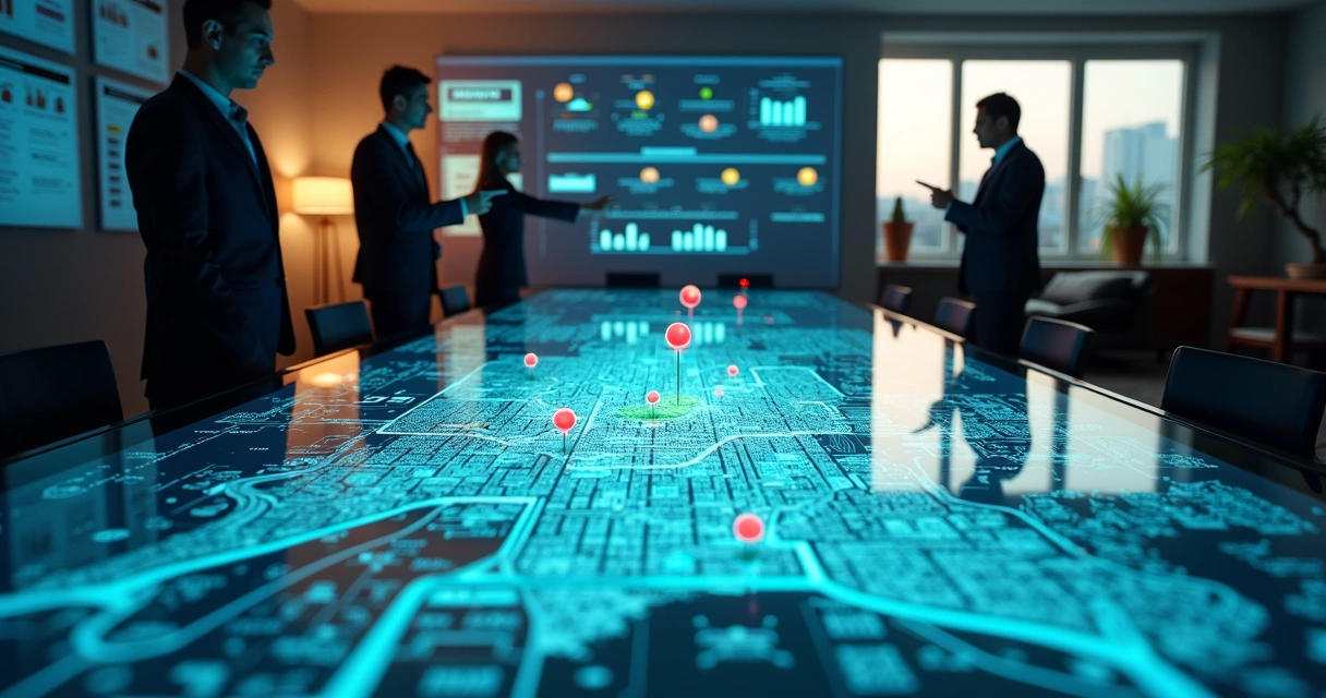Profissionais analisando mapas de execução fiscal projetados em mesa digital
