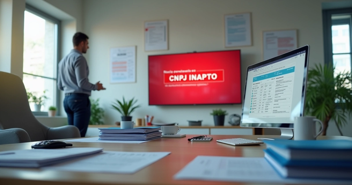 Empresário observa painel com aviso de CNPJ inapto e organiza documentos fiscais