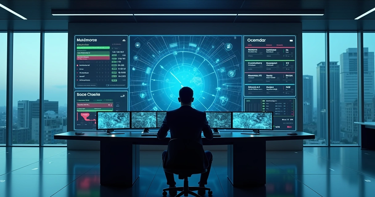 Gestor observa grande painel digital com calendário e ícones fiscais conectados