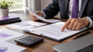 Contrato bancário e calculadora sobre uma mesa durante análise de juros remuneratórios