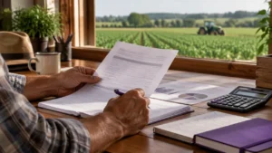 Produtor rural analisa documentos de financiamento e planilha em uma mesa com lavoura ao fundo
